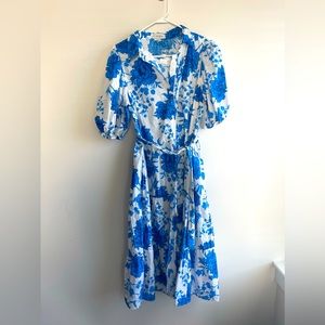 NWT blue white floral tie waist button down midi dress size large